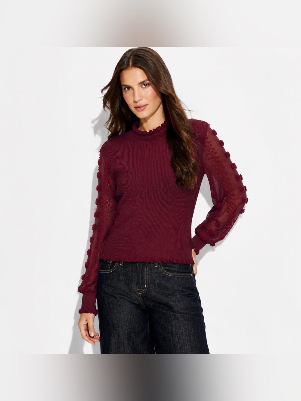 Almost Famous Women’s 2X Burgundy Ribbed Sweater Sheer Pom Pom Balloon Sleeve